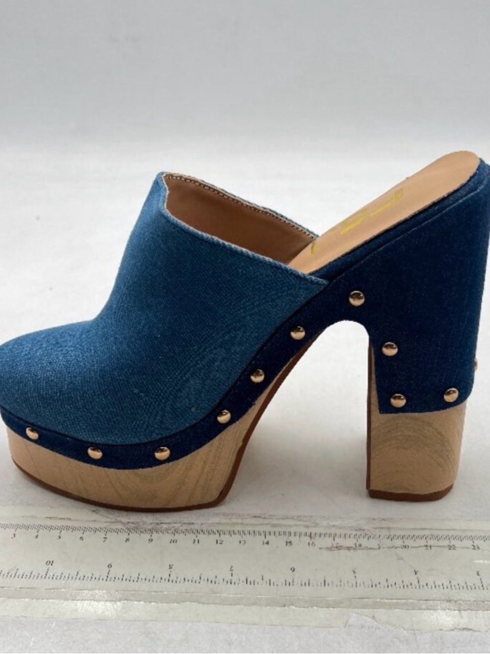FSJ Blue Denim Platform Mule Clogs with Gold Studs